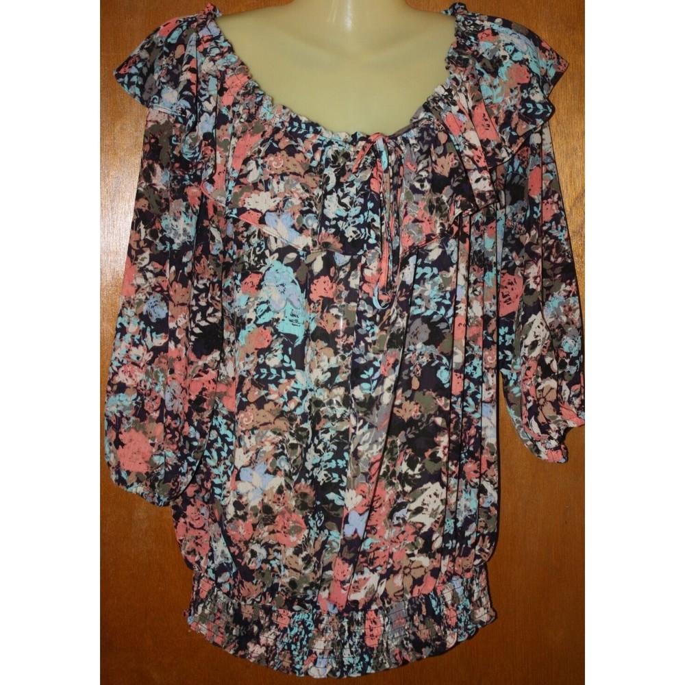 Lane Bryant Women's Sz 14/16 Sheer Floral Peasant Top 3/4 Sleeve Elastic Hem GUC